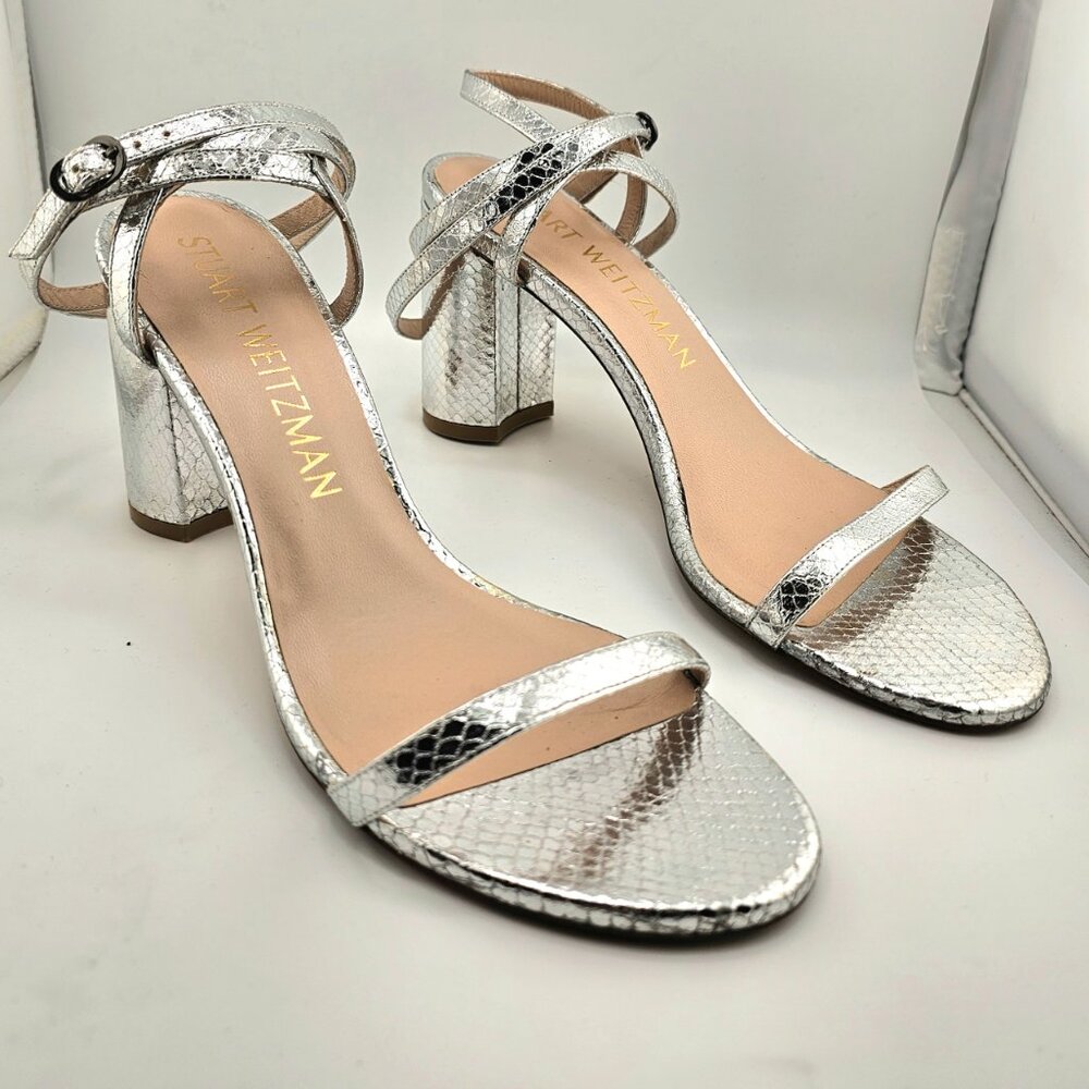Stuart Weitzman Metallic Snakeskin Block Heel Sandal Size 9.5 Silver Ankle Wrap - Picture 3 of 11